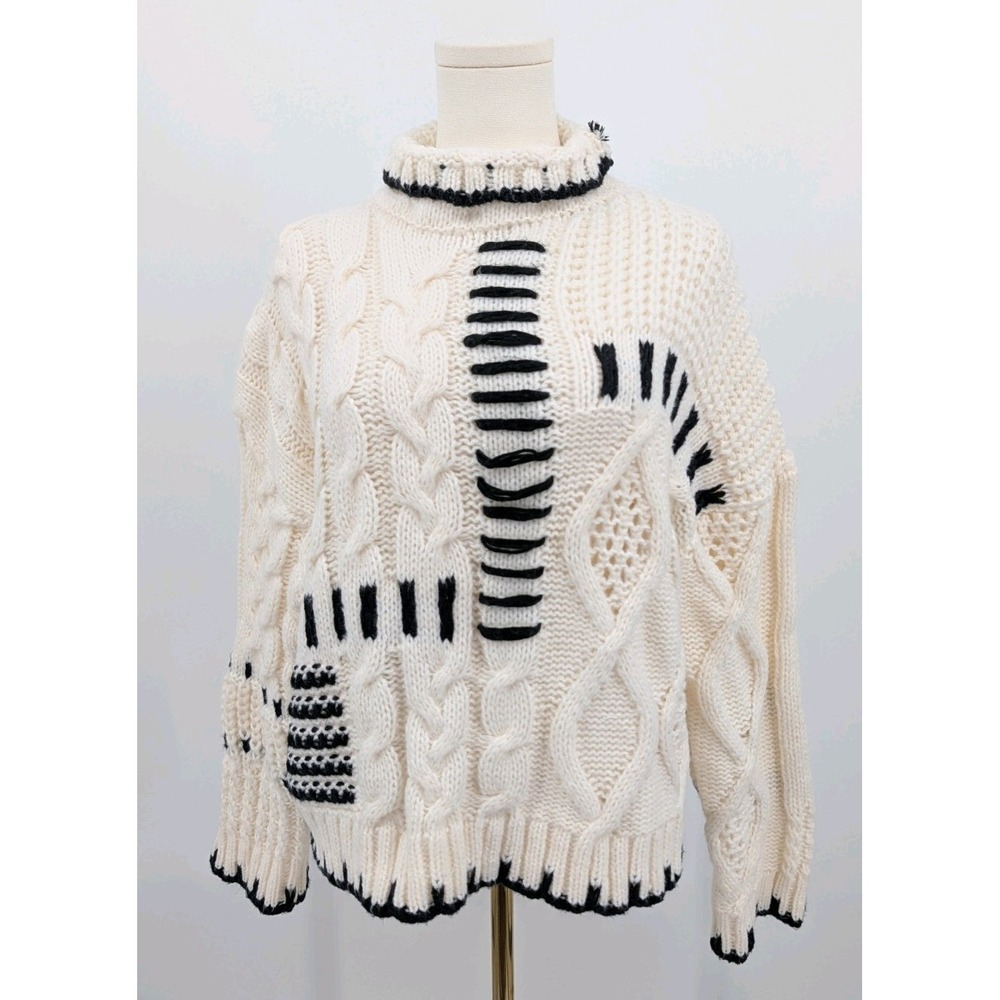 Chunky Knit Sunday Up Cable Knit Sweater Cropped Size S Cream Black Cottagecore